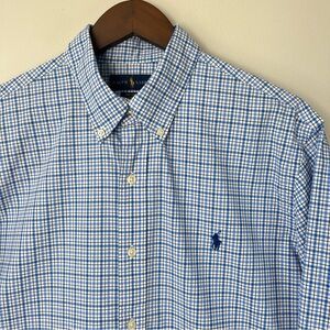 Polo Ralph Lauren Mens Large Blue Tattersall Plaid LS Button Down Shirt Stretch
